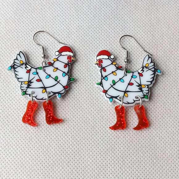 Cute Christmas Chicken Earrings, Chickens with Red Boots & Christmas Lights - Picture 4 of 5